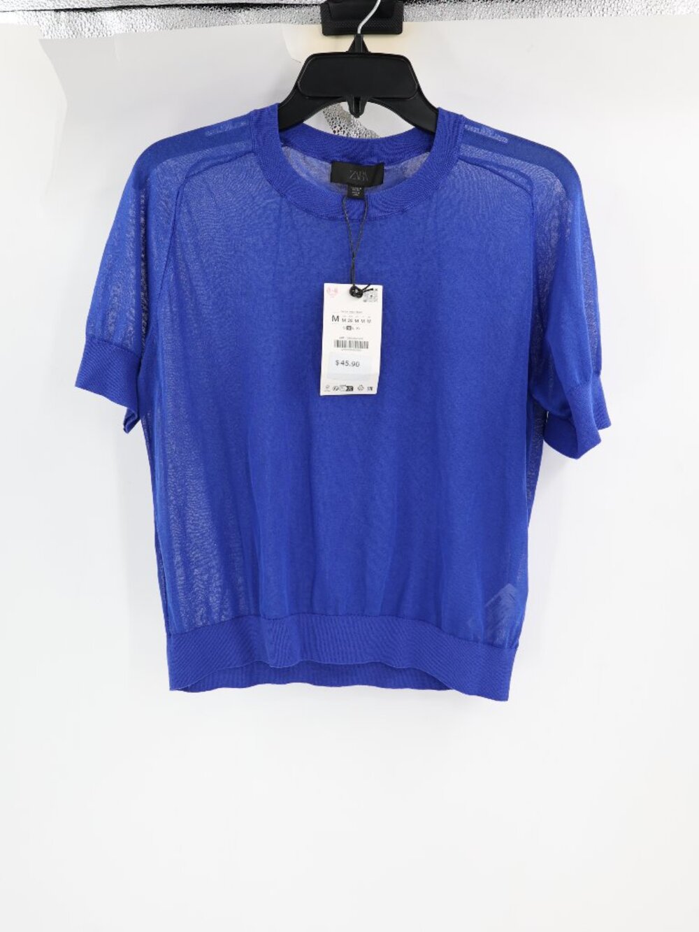 NWT Zara Top womens medium semi Sheer Short Sleeve mesh knit round neck shirt